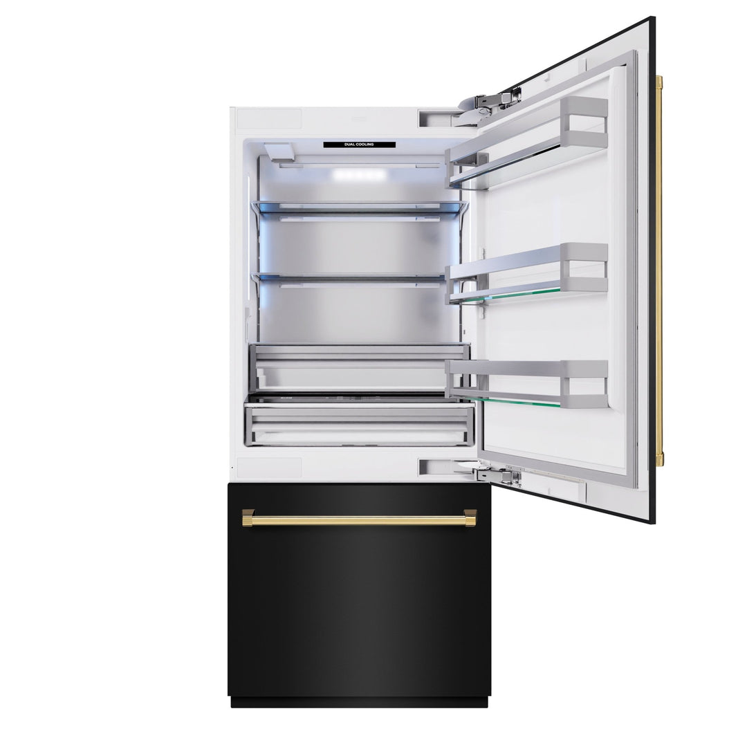 ZLINE Autograph Edition 36 in. 19.8 cu. ft. Built-In Bottom Freezer Refrigerator with Water Dispenser and Ice Maker in Black Stainless Steel and Polished Gold Accents (RBITZ-BS-36-G)