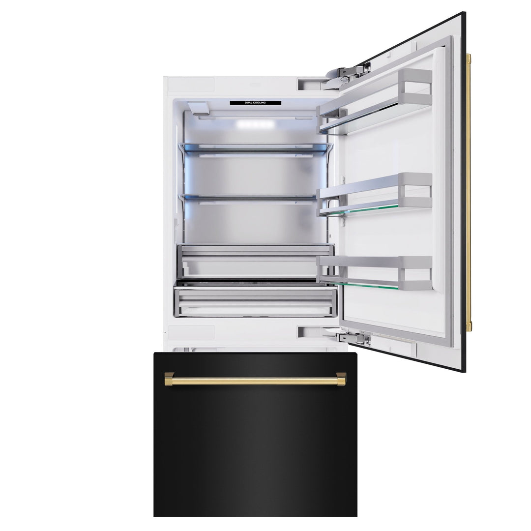 ZLINE Autograph Edition 36 in. 19.8 cu. ft. Built-In Bottom Freezer Refrigerator with Water Dispenser and Ice Maker in Black Stainless Steel and Polished Gold Accents (RBITZ-BS-36-G)