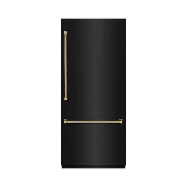 ZLINE Autograph Edition 36 in. 19.8 cu. ft. Built-In Bottom Freezer Refrigerator with Water Dispenser and Ice Maker in Black Stainless Steel with Graphite Gray Interior and Polished Gold Helix Handles (GRBITZ-BS36-KG)