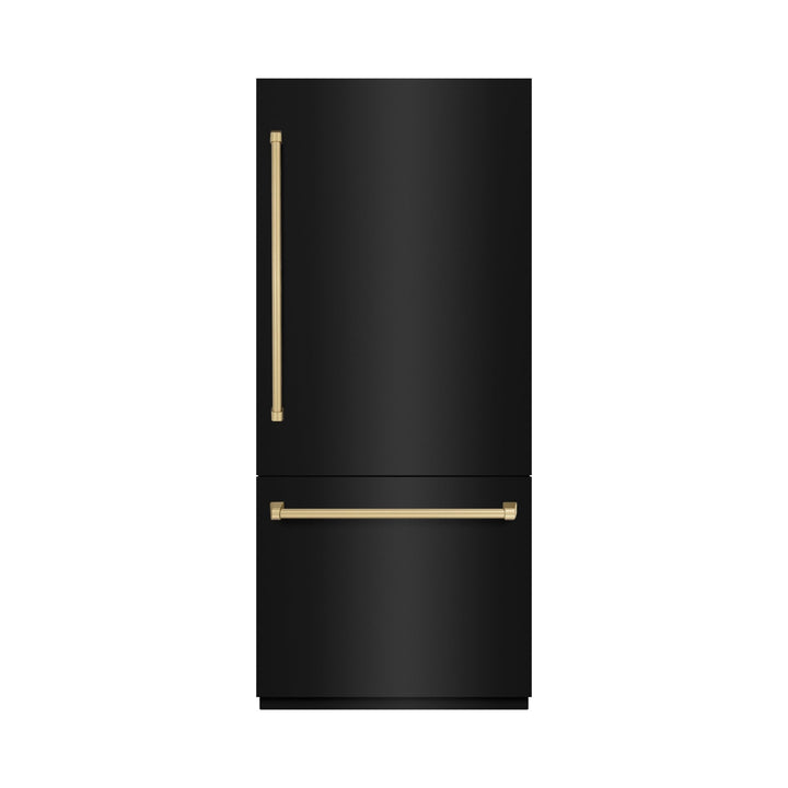 ZLINE Autograph Edition 36 in. 19.8 cu. ft. Built-In Bottom Freezer Refrigerator with Water Dispenser and Ice Maker in Black Stainless Steel with Graphite Gray Interior and Champagne Bronze Accents (GRBITZ-BS-36-CB)