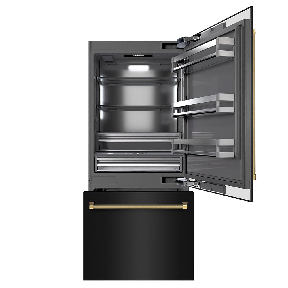 ZLINE Autograph Edition 36 in. 19.8 cu. ft. Built-In Bottom Freezer Refrigerator with Water Dispenser and Ice Maker in Black Stainless Steel with Graphite Gray Interior and Polished Gold Helix Handles (GRBITZ-BS36-KG)
