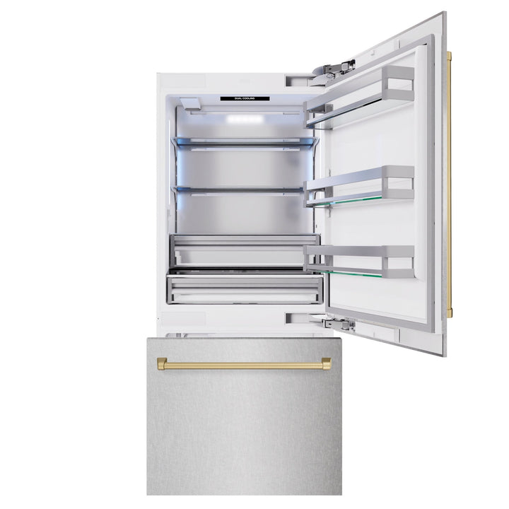 ZLINE Autograph Edition 36 in. 19.8 cu. ft. Built-In Bottom Freezer Refrigerator with Water Dispenser and Ice Maker in Satin Stainless Steel and Champagne Bronze Accents (RBITZ-SN-36-CB)