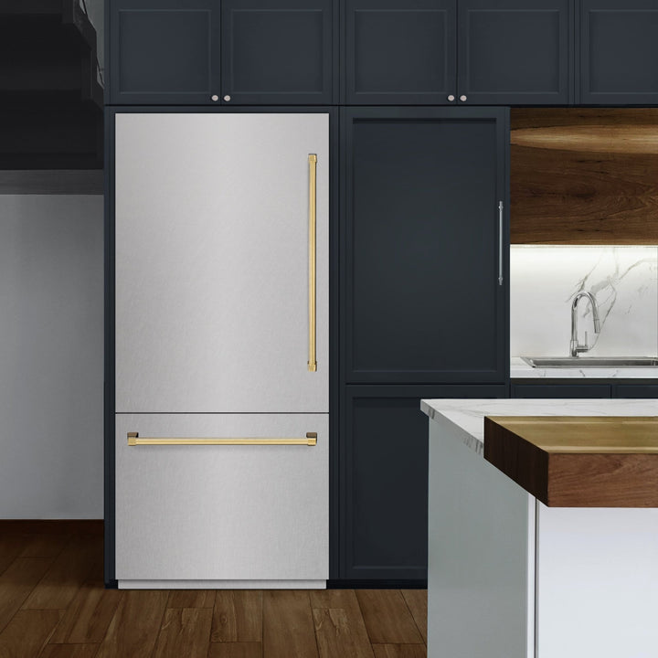 ZLINE Autograph Edition 36 in. 19.8 cu. ft. Built-In Bottom Freezer Refrigerator with Water Dispenser and Ice Maker in Satin Stainless Steel and Polished Gold Accents (RBITZ-SN-36-G)