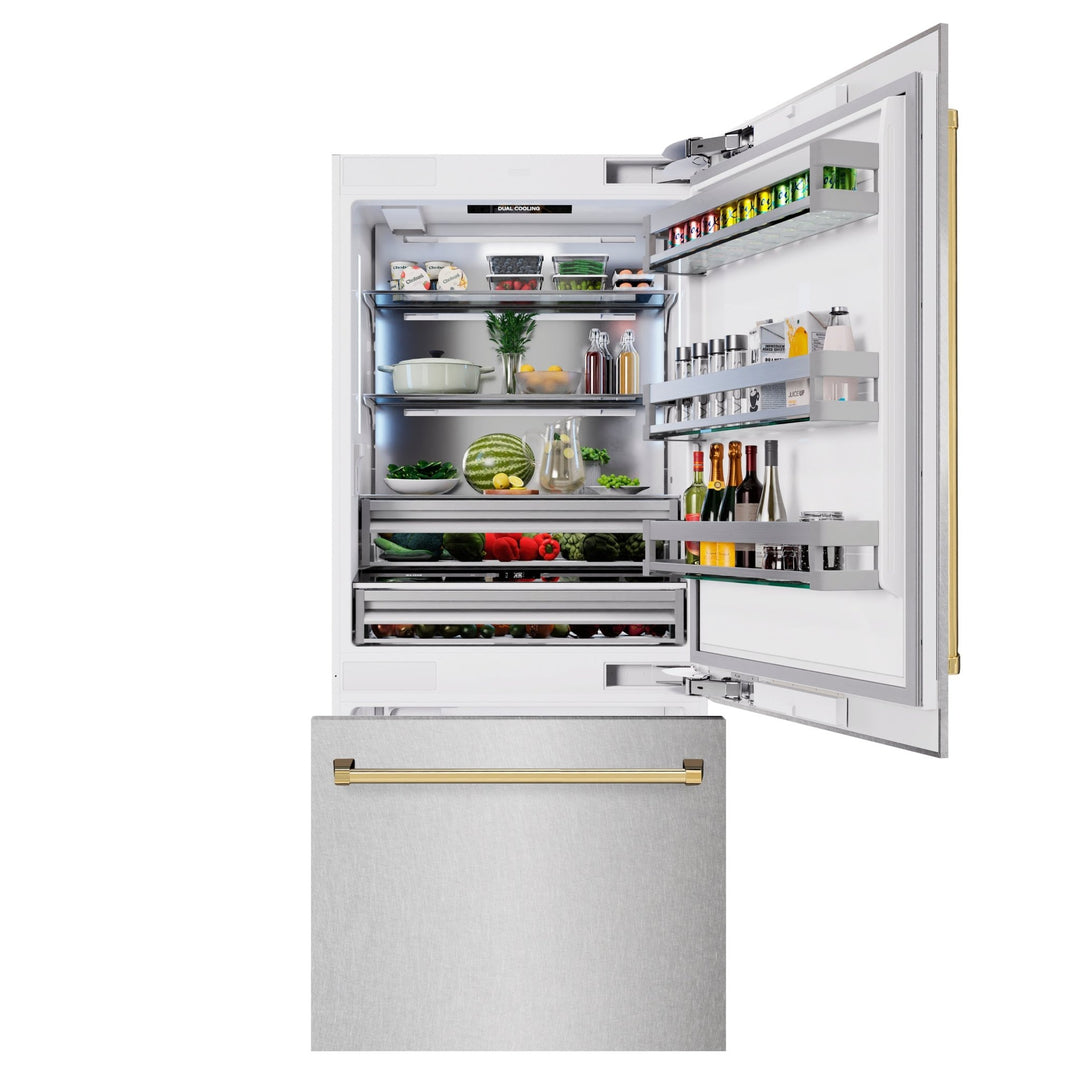 ZLINE Autograph Edition 36 in. 19.8 cu. ft. Built-In Bottom Freezer Refrigerator with Water Dispenser and Ice Maker in Satin Stainless Steel and Polished Gold Accents (RBITZ-SN-36-G)