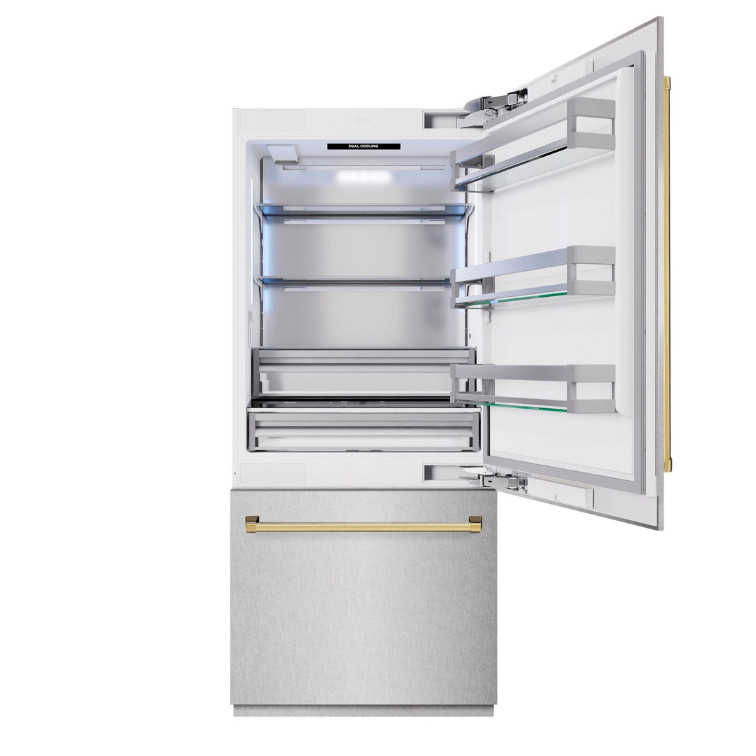 ZLINE Autograph Edition 36 in. 19.8 cu. ft. Built-In Bottom Freezer Refrigerator with Water Dispenser and Ice Maker in Satin Stainless Steel and Polished Gold Accents (RBITZ-SN-36-G)