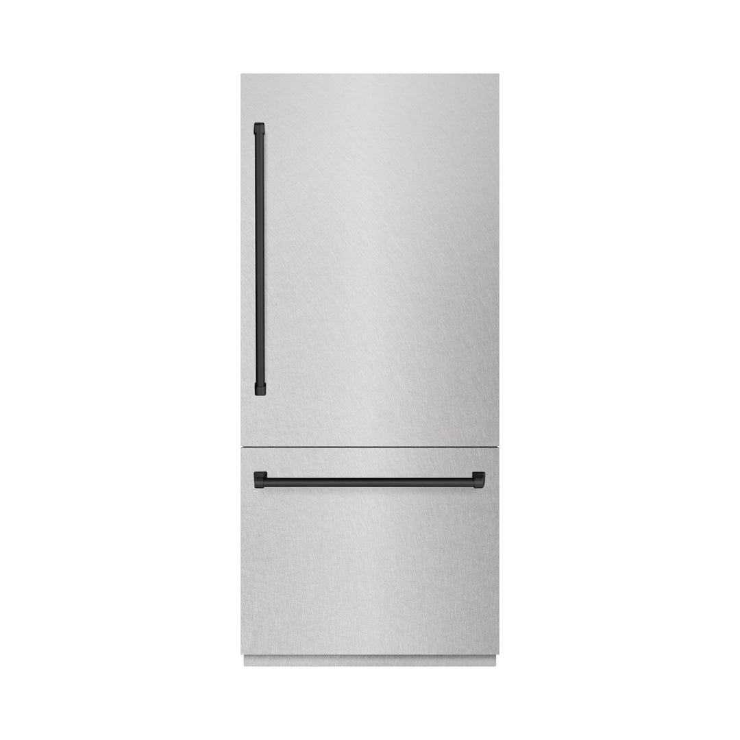 ZLINE Autograph Edition 36 in. 19.8 cu. ft. Built-In Bottom Freezer Refrigerator with Water Dispenser and Ice Maker in Satin Stainless Steel with Graphite Gray Interior and Matte Black Accents (GRBITZ-SN-36-MB)
