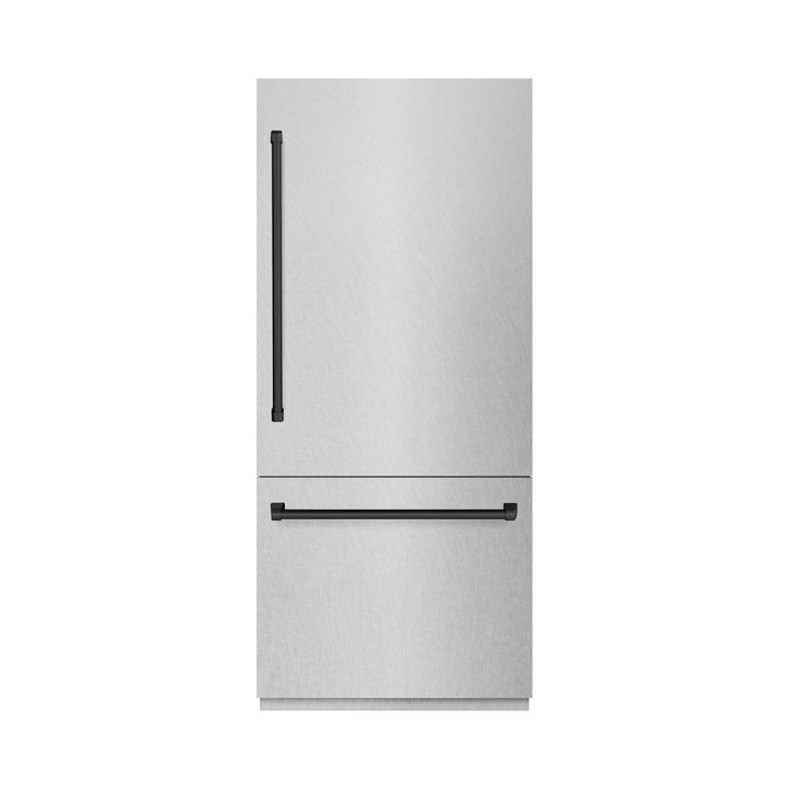 ZLINE Autograph Edition 36 in. 19.8 cu. ft. Built-In Bottom Freezer Refrigerator with Water Dispenser and Ice Maker in Satin Stainless Steel with Graphite Gray Interior and Matte Black Accents (GRBITZ-SN-36-MB)