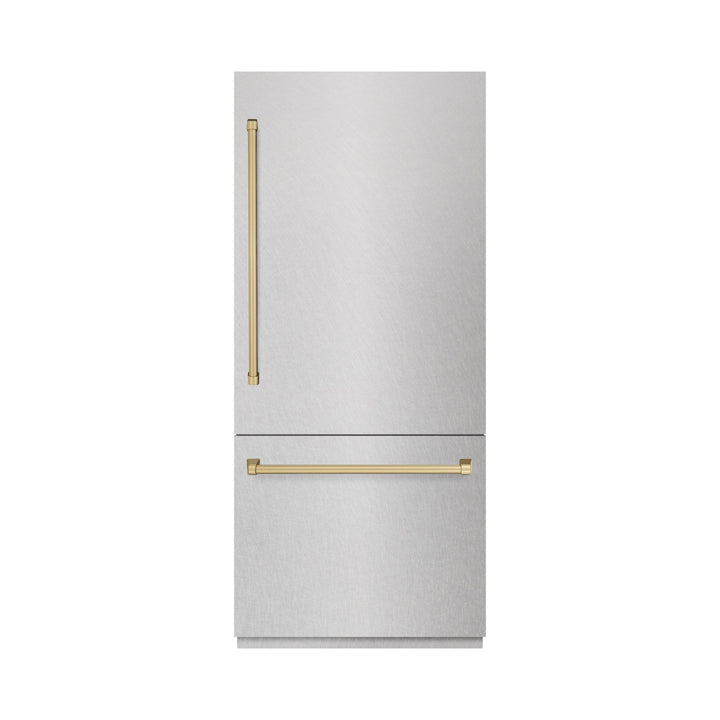 ZLINE Autograph Edition 36 in. 19.8 cu. ft. Built-In Bottom Freezer Refrigerator with Water Dispenser and Ice Maker in Satin Stainless Steel with Graphite Gray Interior and Champagne Bronze Accents (GRBITZ-SN-36-CB)