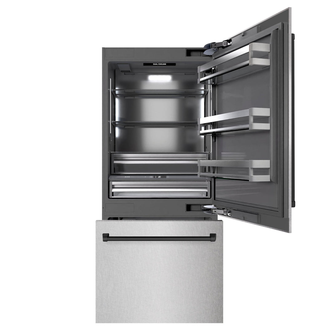 ZLINE Autograph Edition 36 in. 19.8 cu. ft. Built-In Bottom Freezer Refrigerator with Water Dispenser and Ice Maker in Satin Stainless Steel with Graphite Gray Interior and Matte Black Accents (GRBITZ-SN-36-MB)