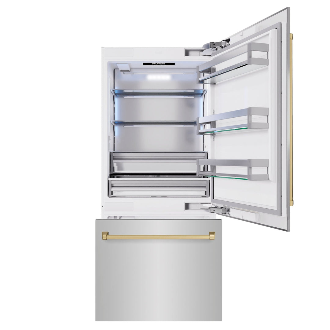 ZLINE Autograph Edition 36 in. 19.8 cu. ft. Built-In Bottom Freezer Refrigerator with Water Dispenser and Ice Maker in Stainless Steel with Champagne Bronze Accents (RBITZ-304-36CB)