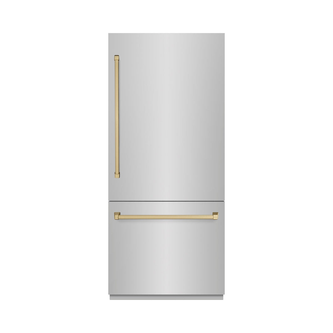 ZLINE Autograph Edition 36 in. 19.8 cu. ft. Built-In Bottom Freezer Refrigerator with Water Dispenser and Ice Maker in Stainless Steel with Graphite Gray Interior and Champagne Bronze Accents (GRBITZ-304-36CB)