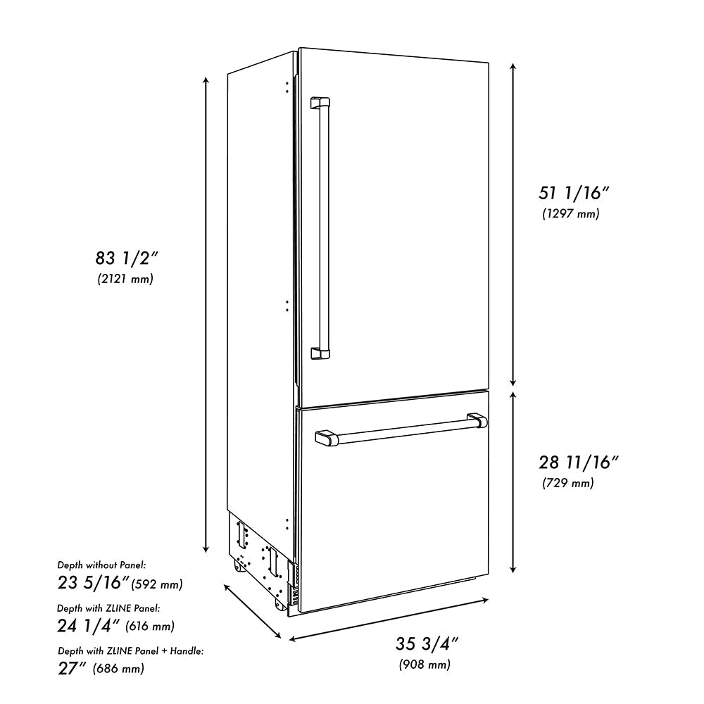 ZLINE Autograph Edition 36 in. 19.8 cu. ft. Built-In Bottom Freezer Refrigerator with Water Dispenser and Ice Maker in Stainless Steel with Graphite Gray Interior and Polished Nickel Helix Handles (GRBITZ-30436KPN)