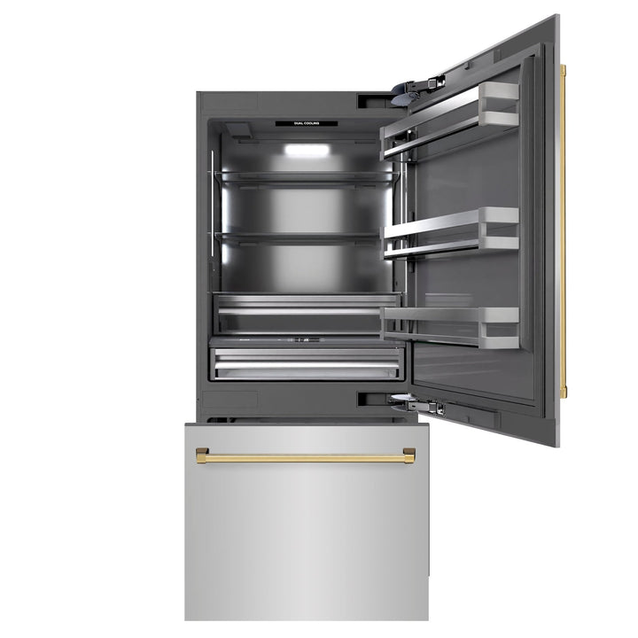 ZLINE Autograph Edition 36 in. 19.8 cu. ft. Built-In Bottom Freezer Refrigerator with Water Dispenser and Ice Maker in Stainless Steel with Graphite Gray Interior and Polished Gold Accents (GRBITZ-304-36G)