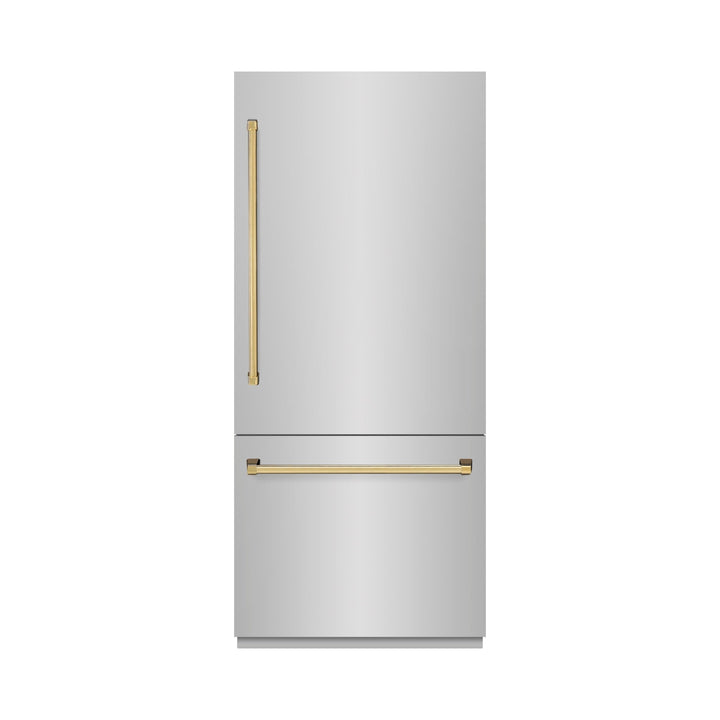 ZLINE Autograph Edition 36 in. 19.8 cu. ft. Built-In Bottom Freezer Refrigerator with Water Dispenser and Ice Maker in Stainless Steel with Graphite Gray Interior and Polished Gold Accents (GRBITZ-304-36G)