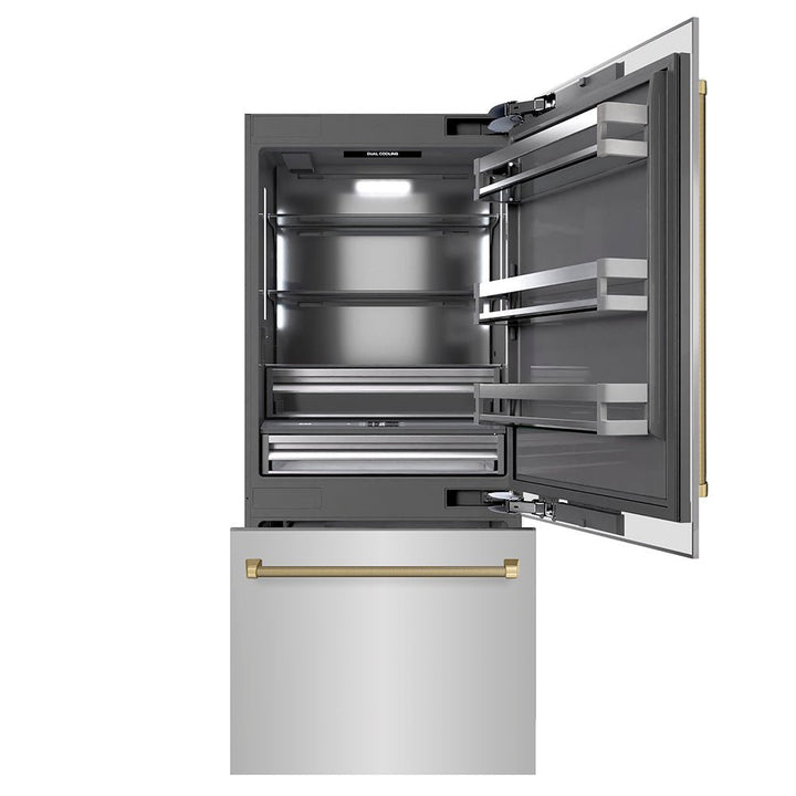 ZLINE Autograph Edition 36 in. 19.8 cu. ft. Built-In Bottom Freezer Refrigerator with Water Dispenser and Ice Maker in Stainless Steel with Graphite Gray Interior and Champagne Bronze Helix Handles (GRBITZ-30436KCB)