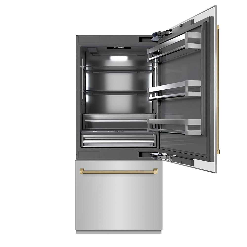 ZLINE Autograph Edition 36 in. 19.8 cu. ft. Built-In Bottom Freezer Refrigerator with Water Dispenser and Ice Maker in Stainless Steel with Graphite Gray Interior and Champagne Bronze Helix Handles (GRBITZ-30436KCB)