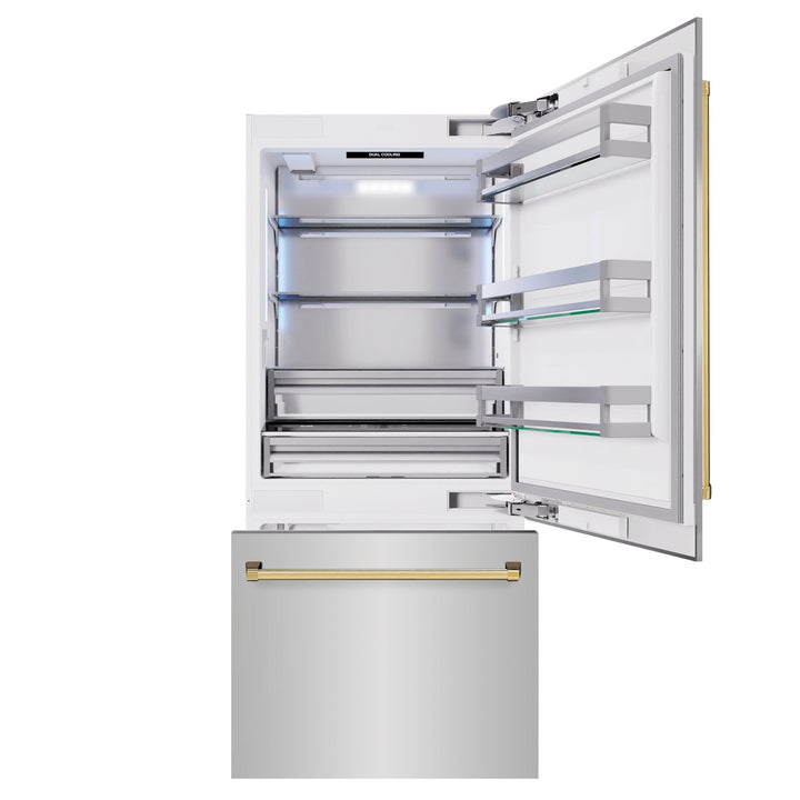 ZLINE Autograph Edition 36 in. 19.8 cu. ft. Built-In Bottom Freezer Refrigerator with Water Dispenser and Ice Maker in Stainless Steel with Polished Gold Accents (RBITZ-304-36G)