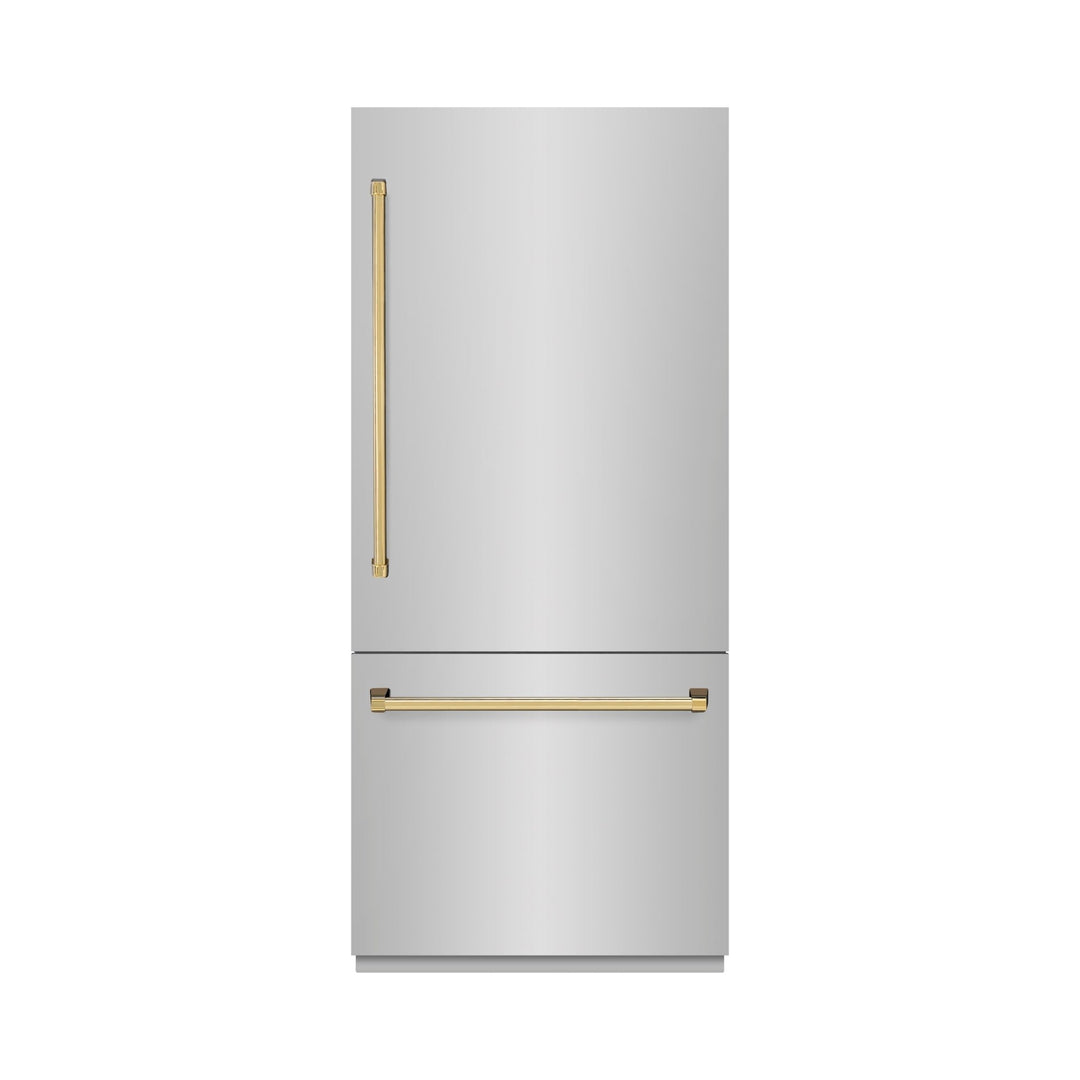 ZLINE Autograph Edition 36 in. 19.8 cu. ft. Built-In Bottom Freezer Refrigerator with Water Dispenser and Ice Maker in Stainless Steel with Polished Gold Accents (RBITZ-304-36G)