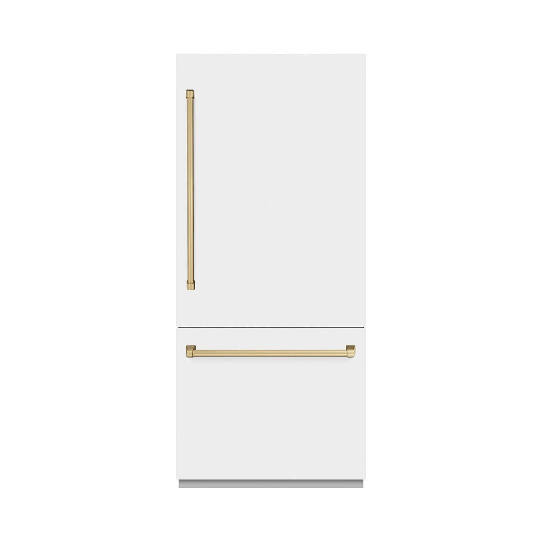 ZLINE Autograph Edition 36 in. 19.8 cu. ft. Built-In Bottom Freezer Refrigerator with Water Dispenser and Ice Maker in White Matte with Graphite Gray Interior and Champagne Bronze Accents (GRBITZ-WM-36-CB)