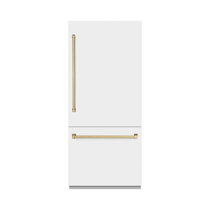 ZLINE Autograph Edition 36 in. 19.8 cu. ft. Built-In Bottom Freezer Refrigerator with Water Dispenser and Ice Maker in White Matte with Graphite Gray Interior and Champagne Bronze Accents (GRBITZ-WM-36-CB)