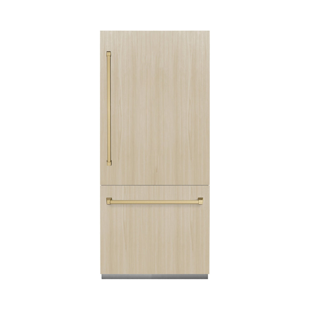 ZLINE Autograph Edition 36 in. 19.8 cu. ft. Panel Ready Built-In Bottom Freezer Refrigerator with Water Dispenser and Ice Maker with Graphite Gray Interior and Champagne Bronze Accents (GRBITZ-36-CB)
