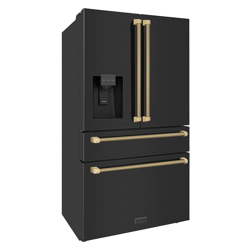 ZLINE Autograph Edition 36 in. 21.6 cu. ft. Counter-Depth French Door Refrigerator with Water and Ice Dispenser in Fingerprint-Resistant Black Stainless Steel with Champagne Bronze Helix Handles (RFMZ-W36-BS-KCB)