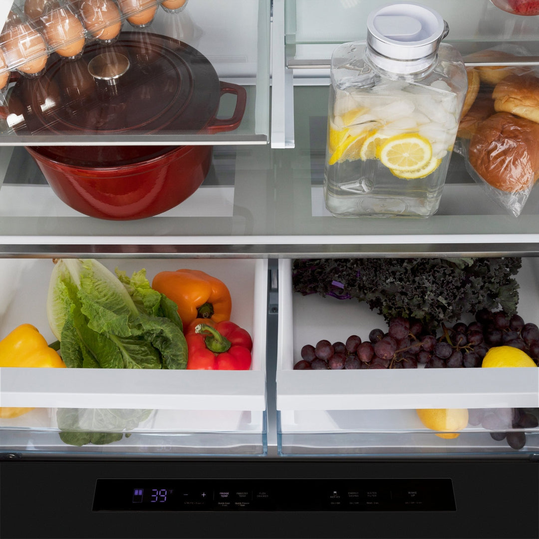 ZLINE Autograph Edition 36 in. 21.6 cu. ft. Counter-Depth French Door Refrigerator with Water and Ice Dispenser in Fingerprint-Resistant Black Stainless Steel with Champagne Bronze Modern Handles (RFMZ-W36-BS-FCB)