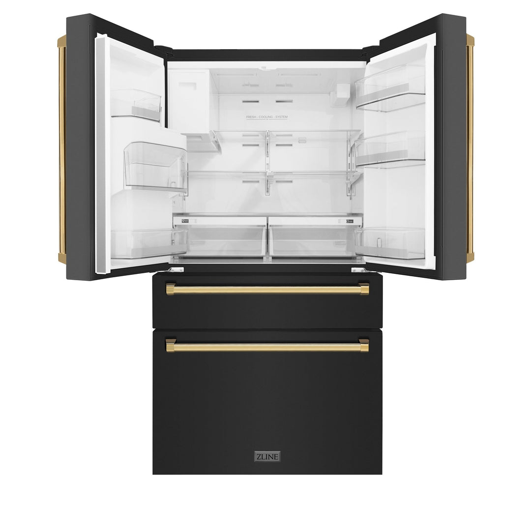 ZLINE Autograph Edition 36 in. 21.6 cu. ft. Counter-Depth French Door Refrigerator with Water and Ice Dispenser in Fingerprint-Resistant Black Stainless Steel with Polished Gold Traditional Handles (RFMZ-W-36-BS-G)