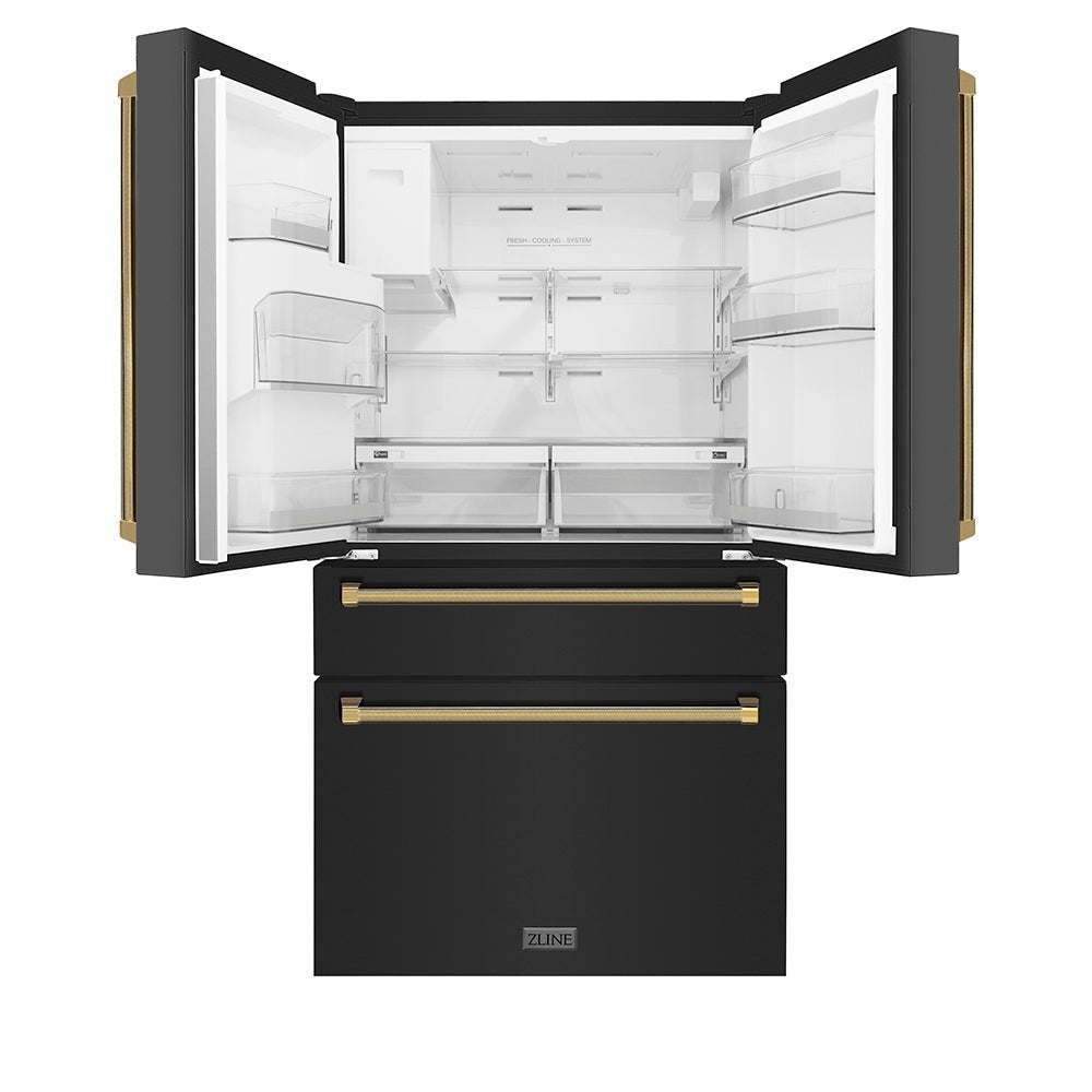 ZLINE Autograph Edition 36 in. 21.6 cu. ft. Counter-Depth French Door Refrigerator with Water and Ice Dispenser in Fingerprint-Resistant Black Stainless Steel with Polished Gold Helix Handles (RFMZ-W-36-BS-KG)