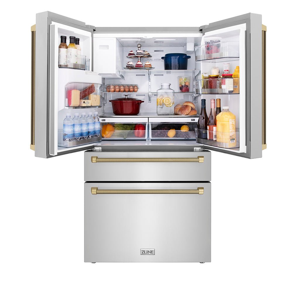 ZLINE Autograph Edition 36 in. 21.6 cu. ft. Counter-Depth French Door Refrigerator with Water and Ice Dispenser in Fingerprint-Resistant Stainless Steel with Champagne Bronze Helix Handles (RFMZ-W-36-KCB)