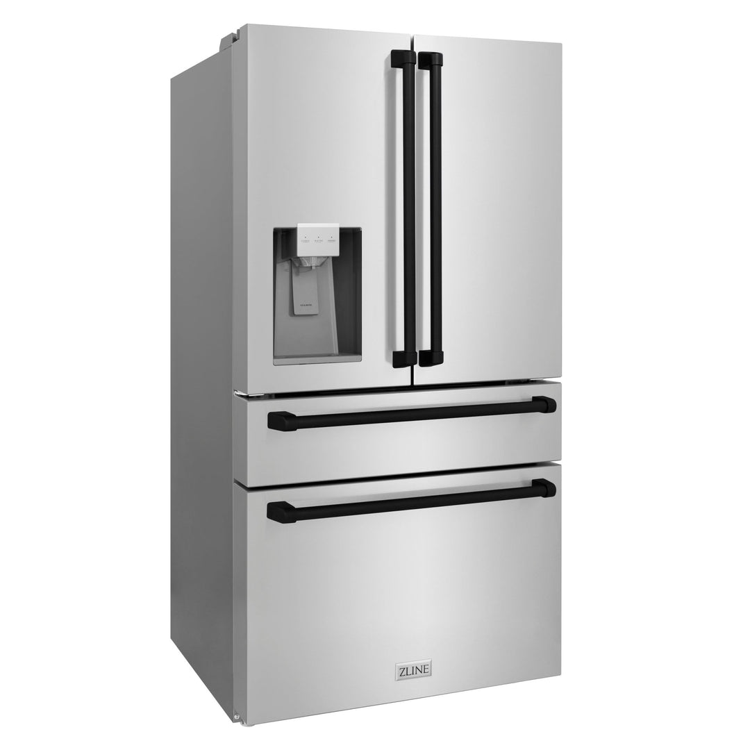 ZLINE Autograph Edition 36 in. 21.6 cu. ft. Counter-Depth French Door Refrigerator with Water and Ice Dispenser in Fingerprint-Resistant Stainless Steel with Matte Black Traditional Handles (RFMZ-W-36-MB)