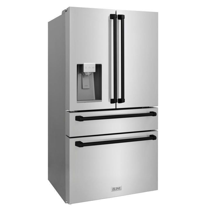 ZLINE Autograph Edition 36 in. 21.6 cu. ft. Counter-Depth French Door Refrigerator with Water and Ice Dispenser in Fingerprint-Resistant Stainless Steel with Matte Black Traditional Handles (RFMZ-W-36-MB)