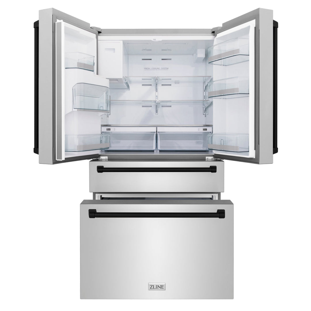 ZLINE Autograph Edition 36 in. 21.6 cu. ft. Counter-Depth French Door Refrigerator with Water and Ice Dispenser in Fingerprint-Resistant Stainless Steel with Matte Black Traditional Handles (RFMZ-W-36-MB)