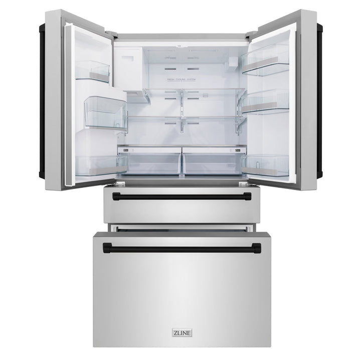 ZLINE Autograph Edition 36 in. 21.6 cu. ft. Counter-Depth French Door Refrigerator with Water and Ice Dispenser in Fingerprint-Resistant Stainless Steel with Matte Black Traditional Handles (RFMZ-W-36-MB)