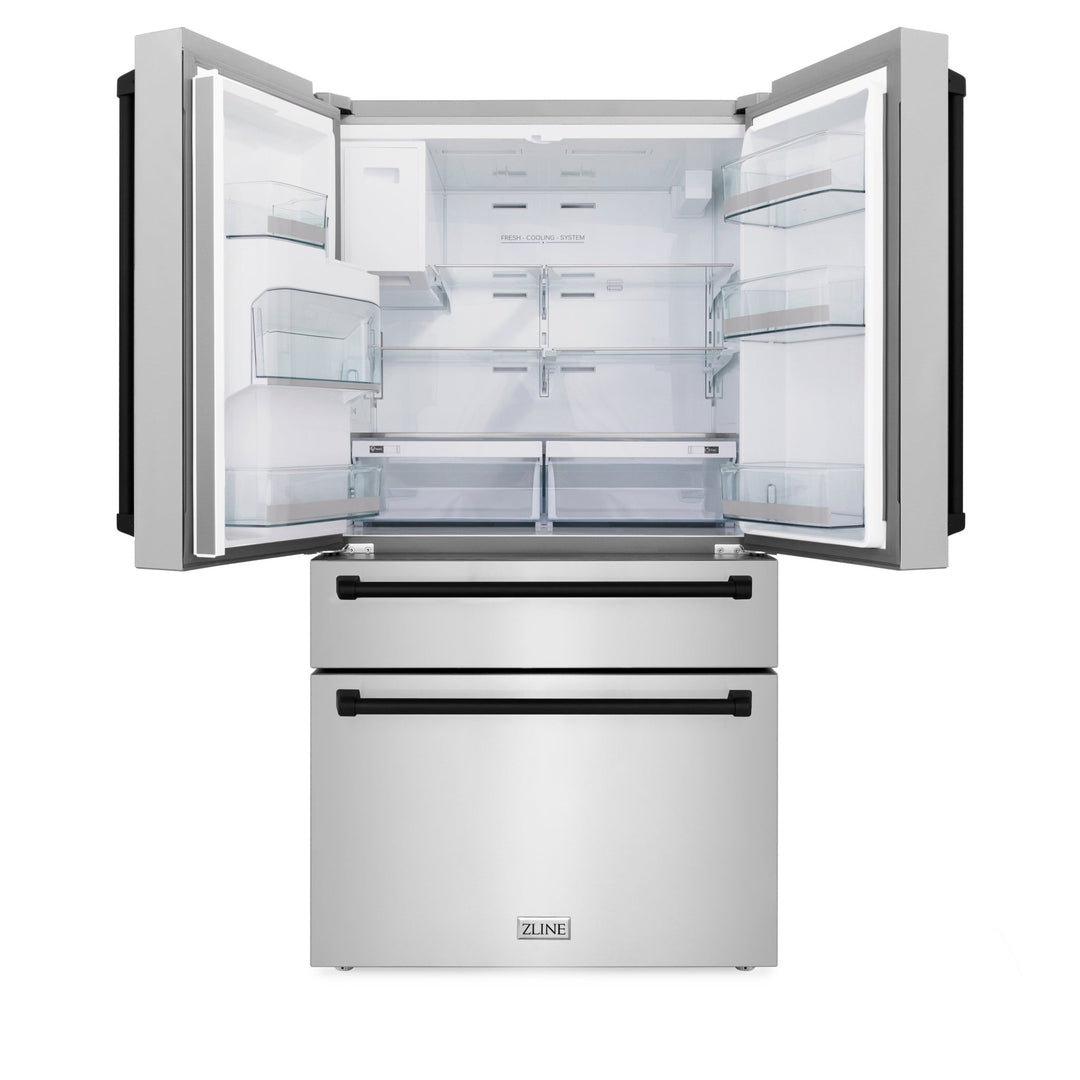 ZLINE Autograph Edition 36 in. 21.6 cu. ft. Counter-Depth French Door Refrigerator with Water and Ice Dispenser in Fingerprint-Resistant Stainless Steel with Matte Black Traditional Handles (RFMZ-W-36-MB)