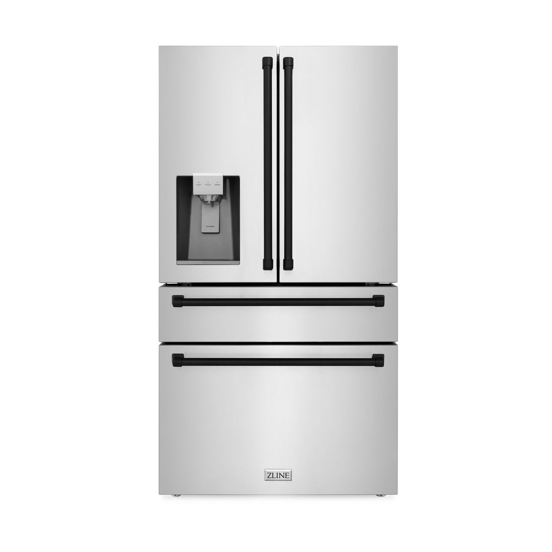 ZLINE Autograph Edition 36 in. 21.6 cu. ft. Counter-Depth French Door Refrigerator with Water and Ice Dispenser in Fingerprint-Resistant Stainless Steel with Matte Black Traditional Handles (RFMZ-W-36-MB)