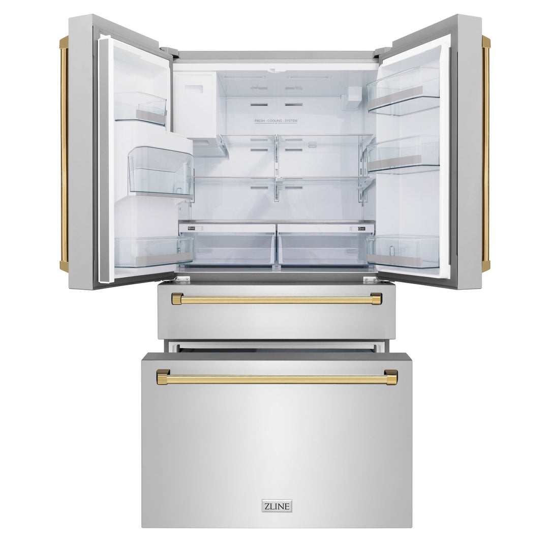 ZLINE Autograph Edition 36 in. 21.6 cu. ft. Counter-Depth French Door Refrigerator with Water and Ice Dispenser in Fingerprint-Resistant Stainless Steel with Polished Gold Traditional Handles (RFMZ-W-36-G)