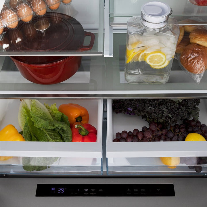 ZLINE Autograph Edition 36 in. 21.6 cu. ft. Counter-Depth French Door Refrigerator with Water and Ice Dispenser in Fingerprint-Resistant Stainless Steel with Polished Gold Helix Handles (RFMZ-W-36-KG)