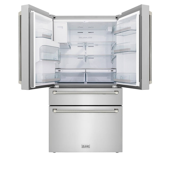 ZLINE Autograph Edition 36 in. 21.6 cu. ft. Counter-Depth French Door Refrigerator with Water and Ice Dispenser in Fingerprint-Resistant Stainless Steel with Polished Nickel Helix Handles (RFMZ-W-36-KPN)