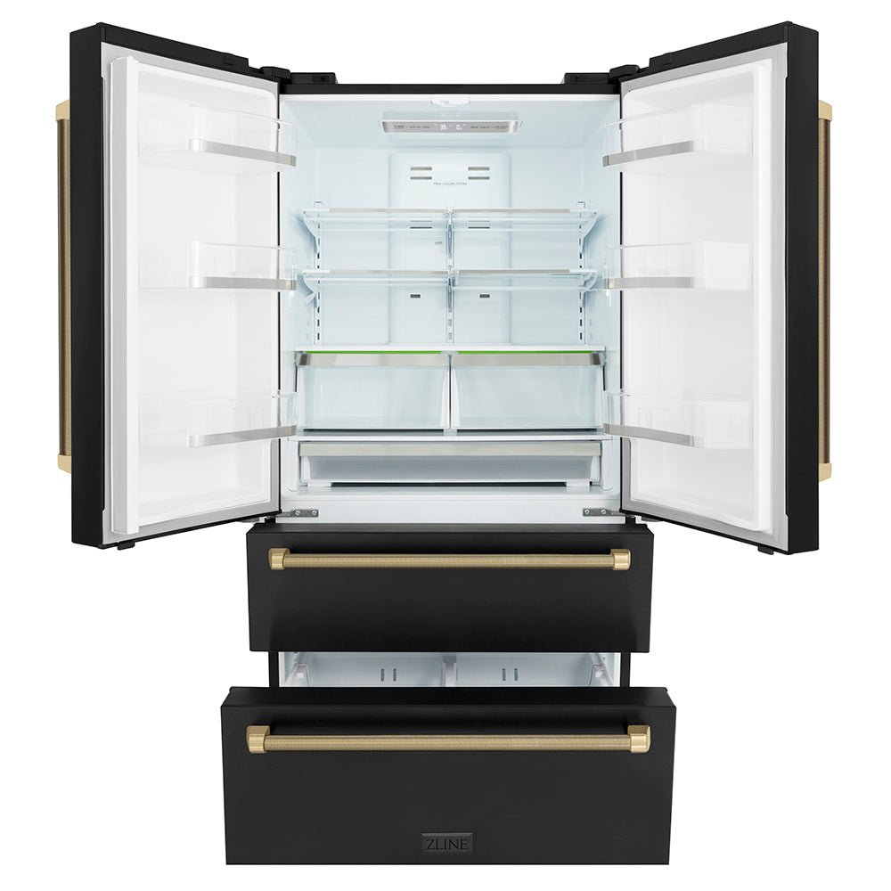ZLINE Autograph Edition 36 in. 22.5 cu. ft. Counter-Depth French Door Refrigerator with Ice Maker in Fingerprint-Resistant Black Stainless Steel and Champagne Bronze Helix Handles (RFMZ-36-BS-KCB)