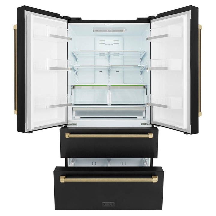 ZLINE Autograph Edition 36 in. 22.5 cu. ft. Counter-Depth French Door Refrigerator with Ice Maker in Fingerprint-Resistant Black Stainless Steel and Champagne Bronze Helix Handles (RFMZ-36-BS-KCB)
