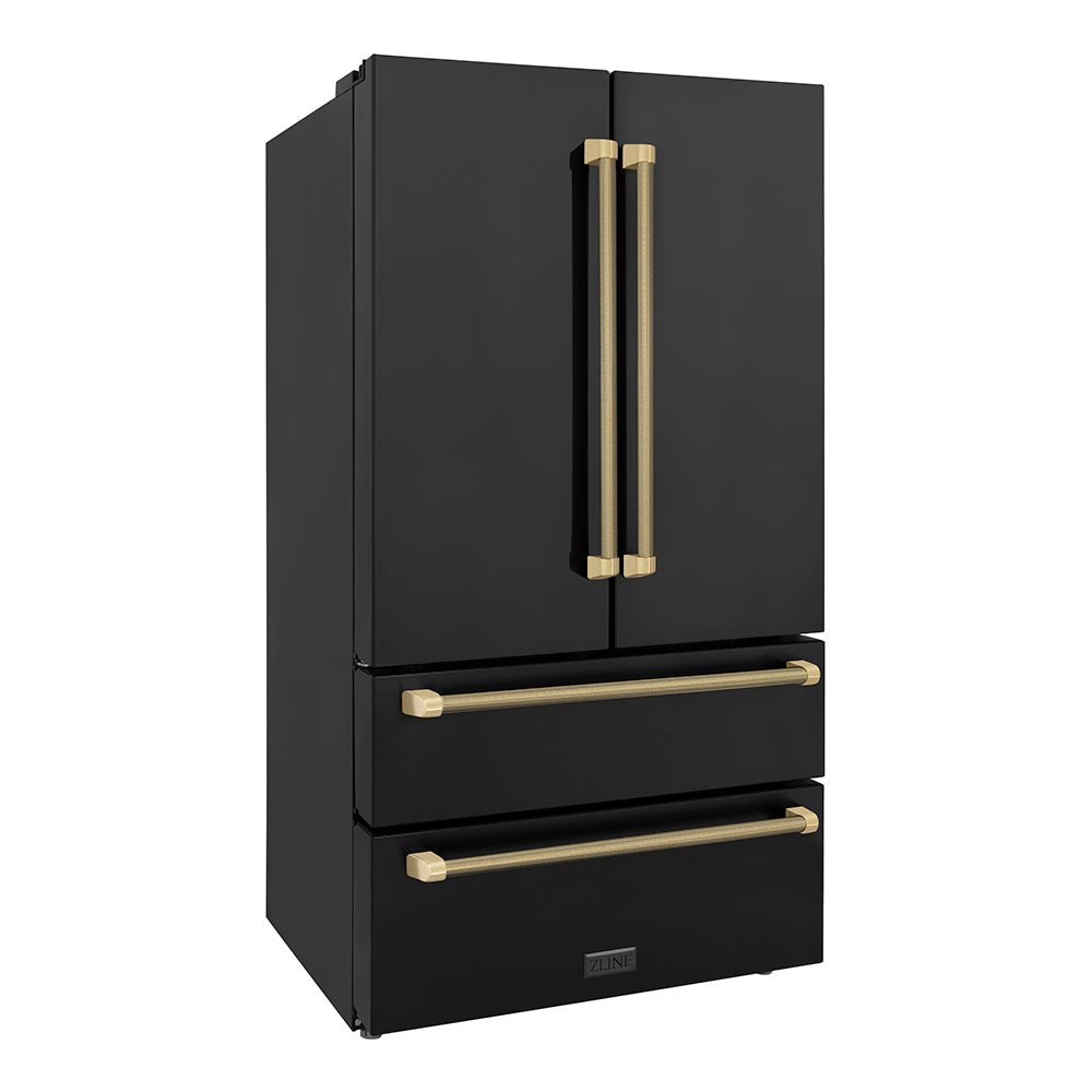 ZLINE Autograph Edition 36 in. 22.5 cu. ft. Counter-Depth French Door Refrigerator with Ice Maker in Fingerprint-Resistant Black Stainless Steel and Champagne Bronze Helix Handles (RFMZ-36-BS-KCB)