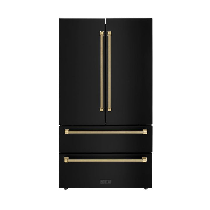 ZLINE Autograph Edition 36 in. 22.5 cu. ft. Counter-Depth French Door Refrigerator with Ice Maker in Fingerprint-Resistant Black Stainless Steel and Champagne Bronze Helix Handles (RFMZ-36-BS-KCB)