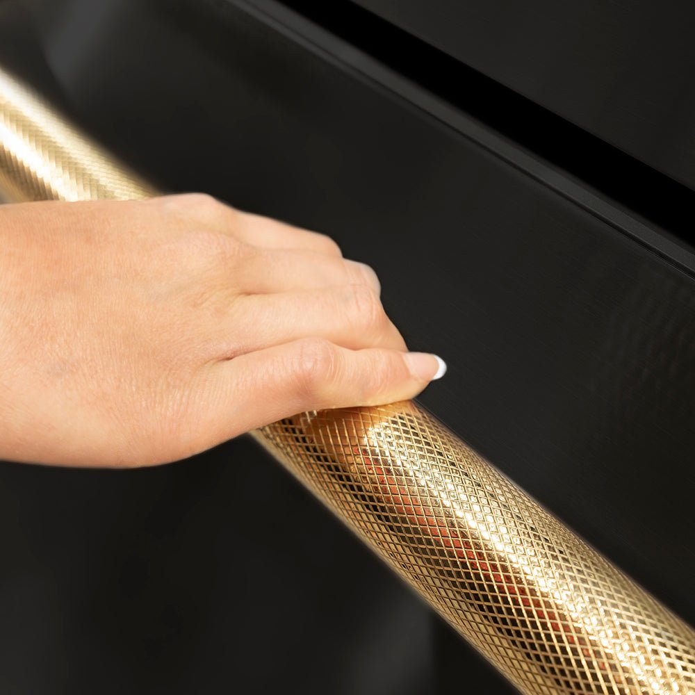 ZLINE Autograph Edition 36 in. 22.5 cu. ft. Counter-Depth French Door Refrigerator with Ice Maker in Fingerprint-Resistant Black Stainless Steel and Polished Gold Helix Handles (RFMZ-36-BS-KG)