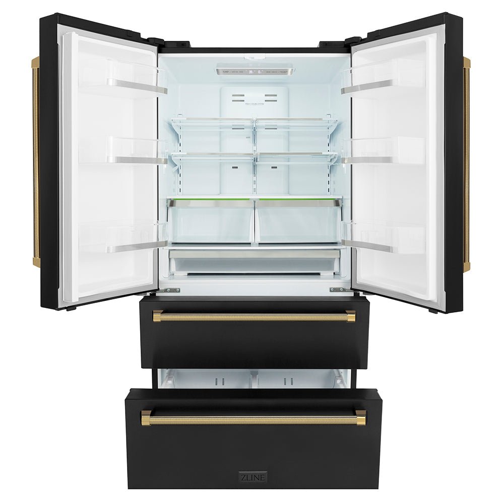ZLINE Autograph Edition 36 in. 22.5 cu. ft. Counter-Depth French Door Refrigerator with Ice Maker in Fingerprint-Resistant Black Stainless Steel and Polished Gold Helix Handles (RFMZ-36-BS-KG)