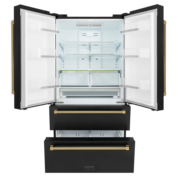 ZLINE Autograph Edition 36 in. 22.5 cu. ft. Counter-Depth French Door Refrigerator with Ice Maker in Fingerprint-Resistant Black Stainless Steel and Polished Gold Helix Handles (RFMZ-36-BS-KG)