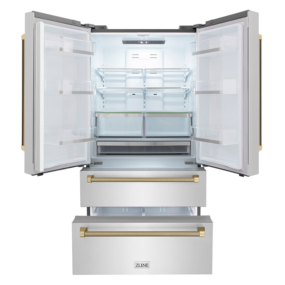 ZLINE Autograph Edition 36 in. 22.5 cu. ft. Counter-Depth French Door Refrigerator with Ice Maker in Fingerprint-Resistant Stainless Steel and Champagne Bronze Helix Handles (RFMZ-36-KCB)