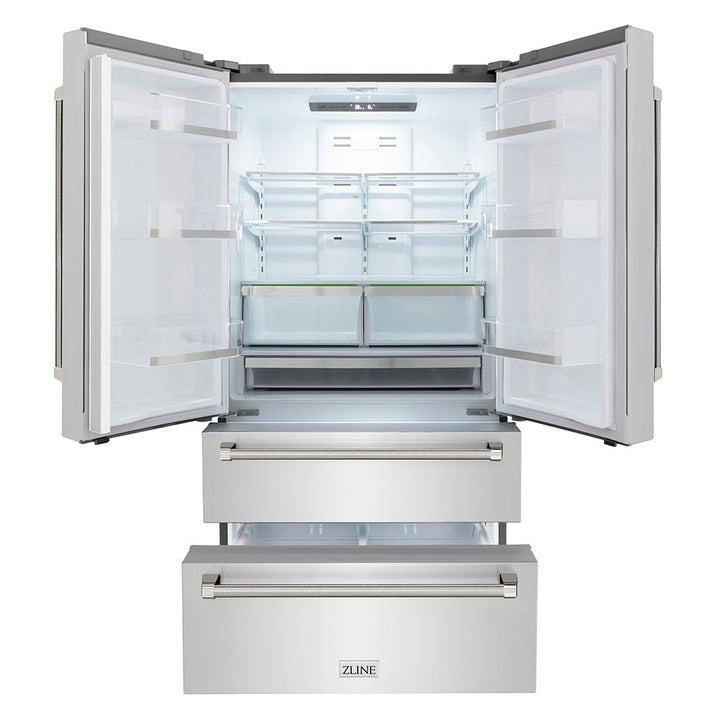 ZLINE Autograph Edition 36 in. 22.5 cu. ft. Counter-Depth French Door Refrigerator with Ice Maker in Fingerprint-Resistant Stainless Steel and Polished Nickel Helix Handles (RFMZ-36-KPN)