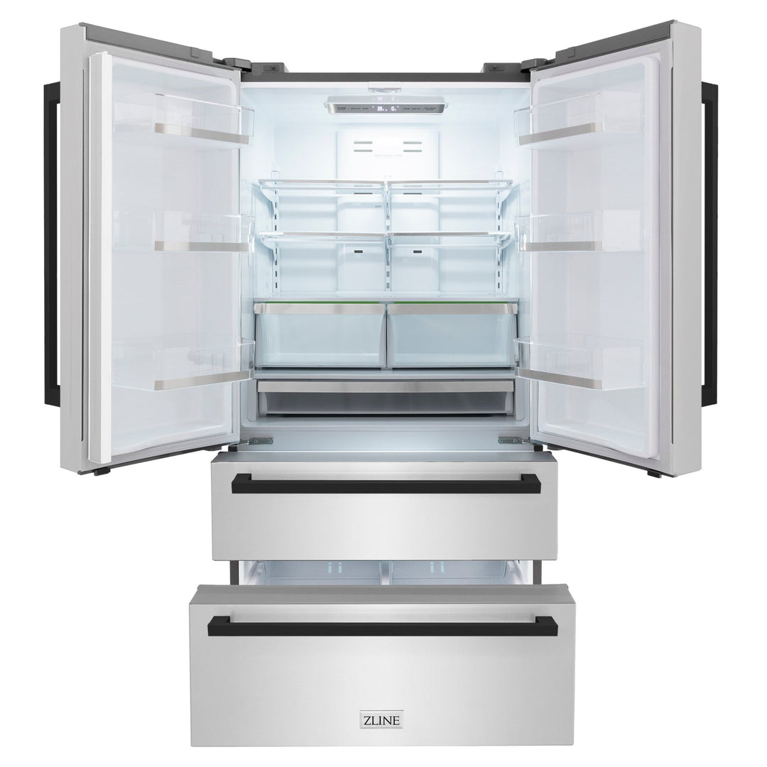 ZLINE Autograph Edition 36 in. 22.5 cu. ft. Counter-Depth French Door Refrigerator with Ice Maker in Fingerprint-Resistant Stainless Steel with Matte Black Modern Handles (RFMZ-36-FMB)