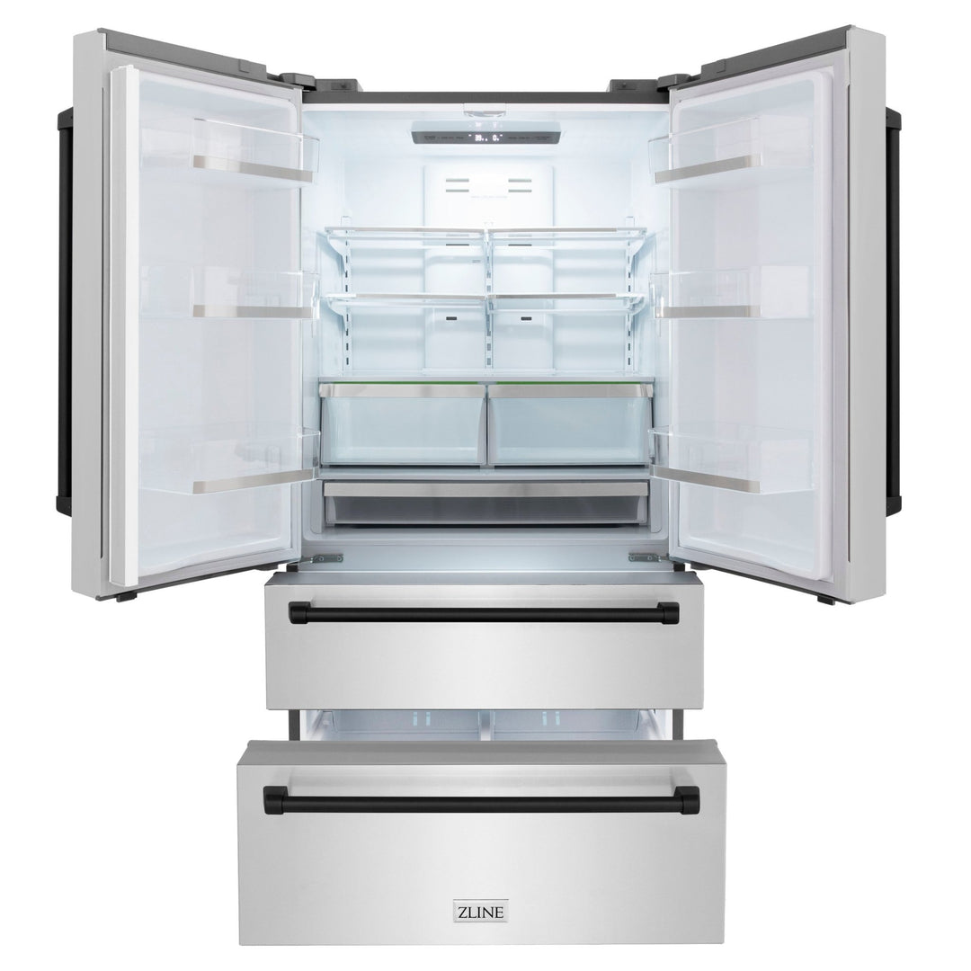 ZLINE Autograph Edition 36 in. 22.5 cu. ft. Counter-Depth French Door Refrigerator with Ice Maker in Fingerprint-Resistant Stainless Steel with Matte Black Traditional Handles (RFMZ-36-MB)